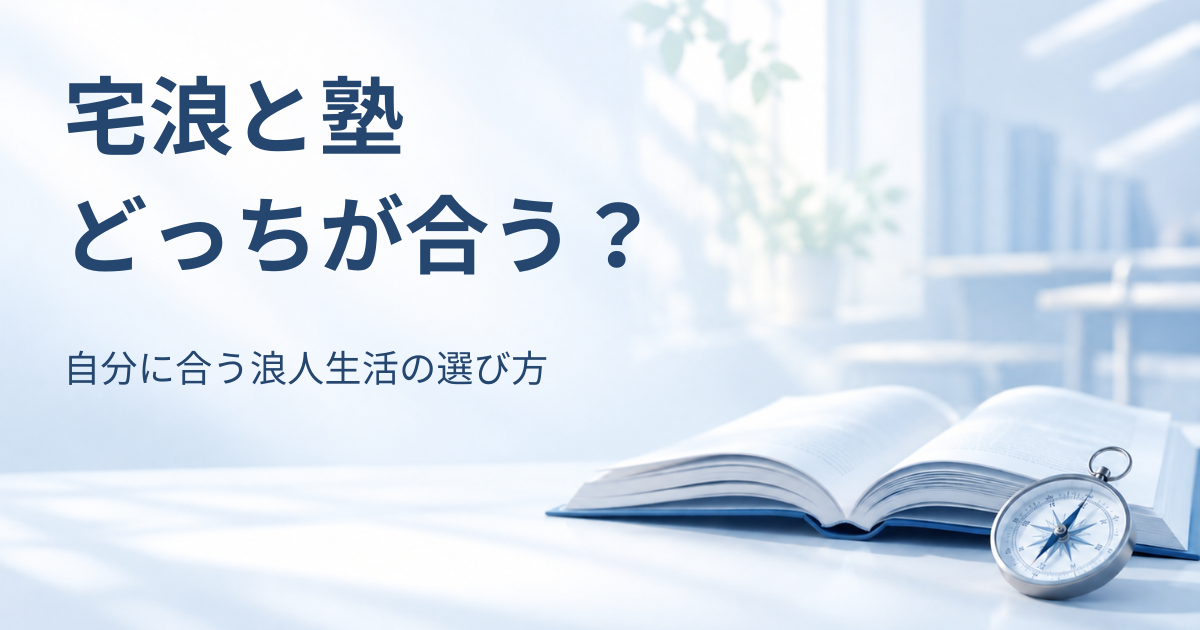 開いた本と羅針盤、淡い青の学習空間を背景に「宅浪と塾 どっちが合う？自分に合う浪人生活の選び方」と書かれたアイキャッチ画像