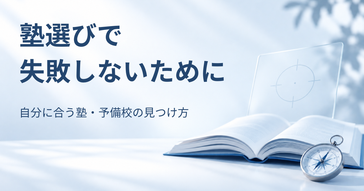 開いた本と羅針盤、淡い青のレティクルを刻んだガラス板を背景に「塾選びで失敗しないために 自分に合う塾・予備校の見つけ方」と書かれたアイキャッチ画像