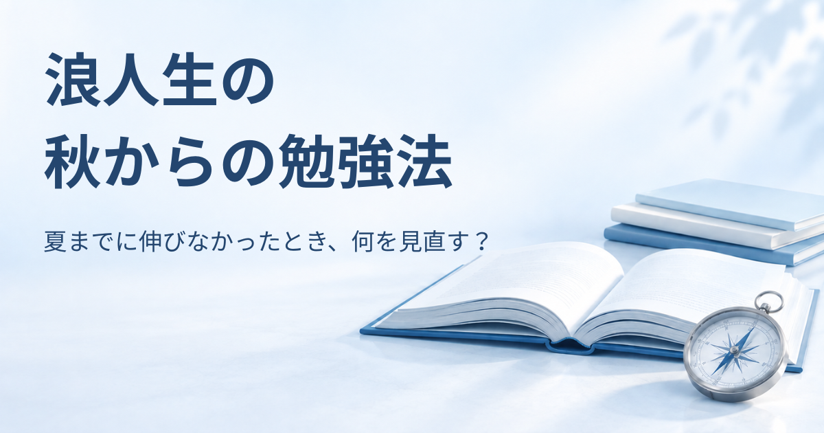 開いた本と羅針盤、淡い青の学習空間を背景に「浪人生の 秋からの勉強法　夏までに伸びなかったとき、何を見直す？」と書かれたアイキャッチ画像
