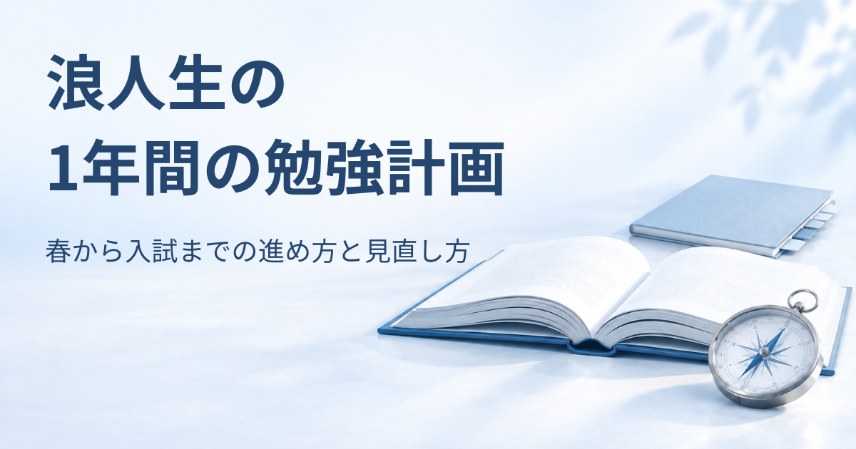 開いた本と羅針盤、淡い青の学習ノートを背景に「浪人生の 1年間の勉強計画　春から入試までの進め方と見直し方」と書かれたアイキャッチ画像