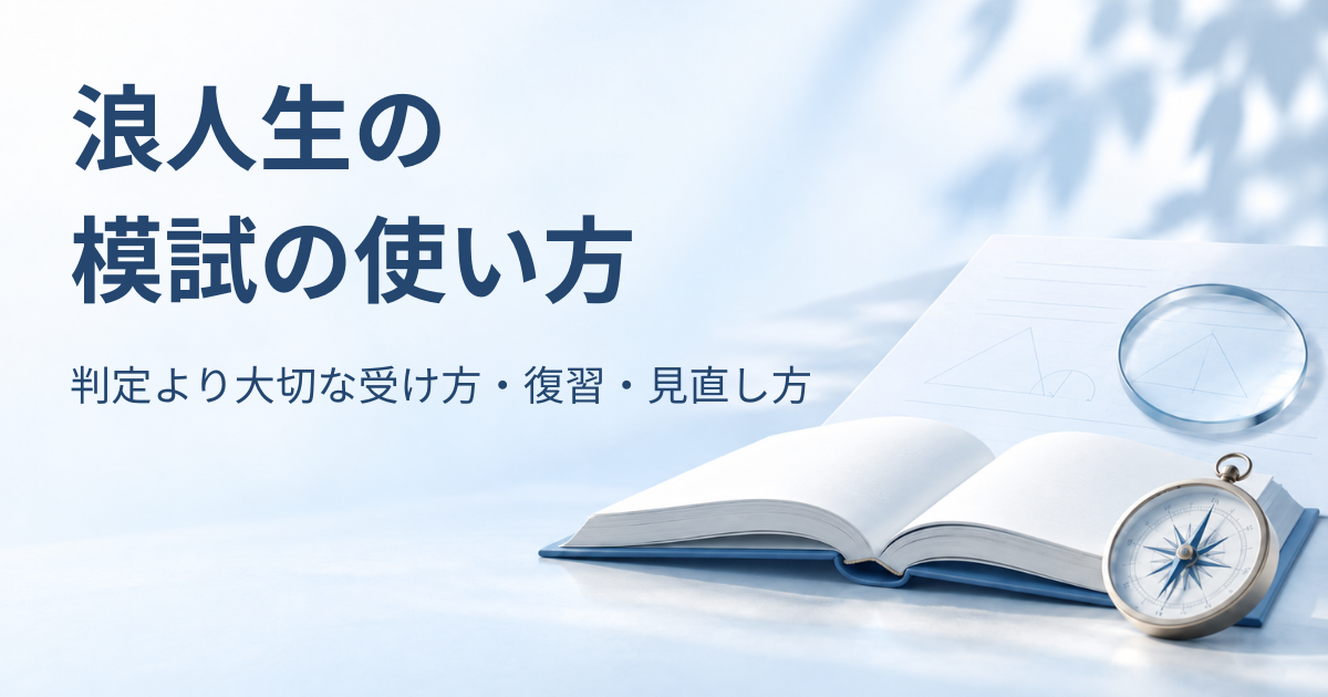 開いた本と羅針盤、模試の問題用紙と透明なレンズを背景に「浪人生の 模試の使い方　判定より大切な受け方・復習・見直し方」と書かれたアイキャッチ画像