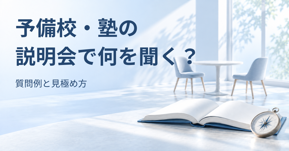 開いた本と羅針盤、向かい合う椅子とテーブルを背景に「予備校・塾の 説明会で何を聞く？　質問例と見極め方」と書かれたアイキャッチ画像