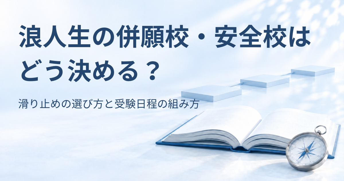 3つの足場と開いた本、羅針盤を背景に「浪人生の併願校・安全校はどう決める？ 滑り止めの選び方と受験日程の組み方」と書かれたアイキャッチ画像