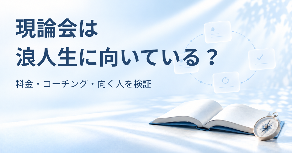 開いた本と羅針盤、学習計画の確認と修正を表す循環型のカードを背景に「現論会は浪人生に向いている？ 料金・コーチング・向く人を検証」と書かれたアイキャッチ画像