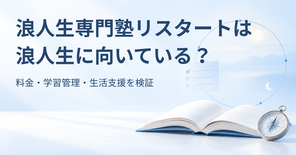 開いた本と羅針盤、1日の生活リズムと学習管理を表す円形ラインを背景に「浪人生専門塾リスタートは浪人生に向いている？ 料金・学習管理・生活支援を検証」と書かれたアイキャッチ画像