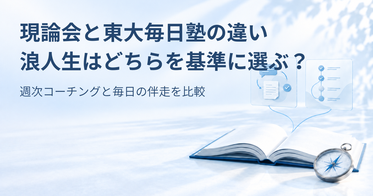 開いた本と羅針盤、週次の振り返りと毎日の伴走を表す淡い青のモチーフを背景に「現論会と東大毎日塾の違い 浪人生はどちらを基準に選ぶ？ 週次コーチングと毎日の伴走を比較」と書かれたアイキャッチ画像