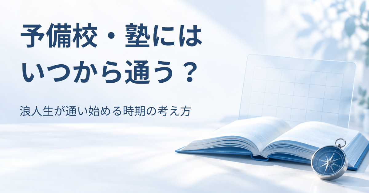 開いた本と羅針盤、淡い青のカレンダーモチーフを背景に「予備校・塾にはいつから通う？浪人生が通い始める時期の考え方」と書かれたアイキャッチ画像