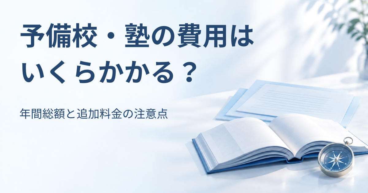 開いた本と羅針盤、費用の内訳を表す淡い青の書類を背景に「予備校・塾の費用はいくらかかる？年間総額と追加料金の注意点」と書かれたアイキャッチ画像