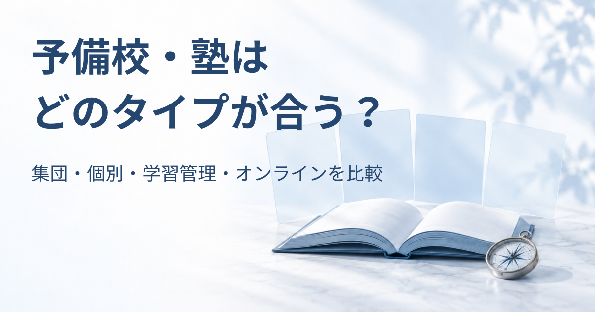 開いた本と羅針盤、4枚の淡い青のカードを背景に「予備校・塾はどのタイプが合う？集団・個別・学習管理・オンラインを比較」と書かれたアイキャッチ画像