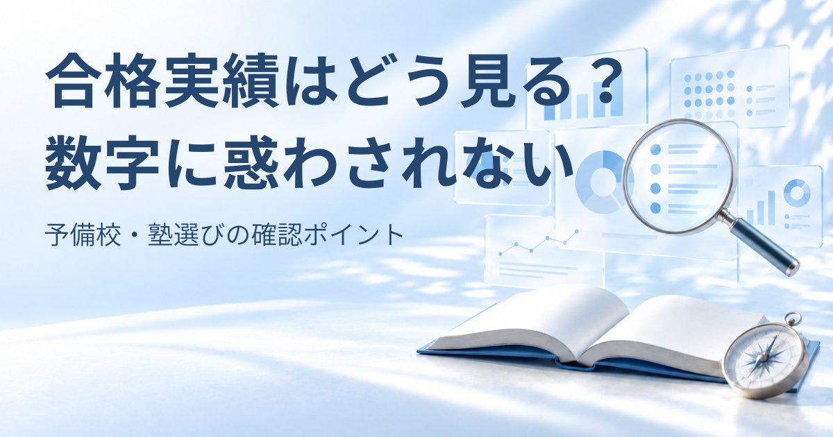 予備校・塾の合格実績の数字を確認し、中身を見極めるイメージ