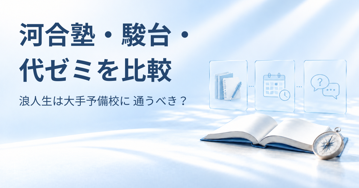 河合塾・駿台・代ゼミを比較。授業・学習管理・質問環境を表す3枚のカードと、本・羅針盤のアイキャッチ画像