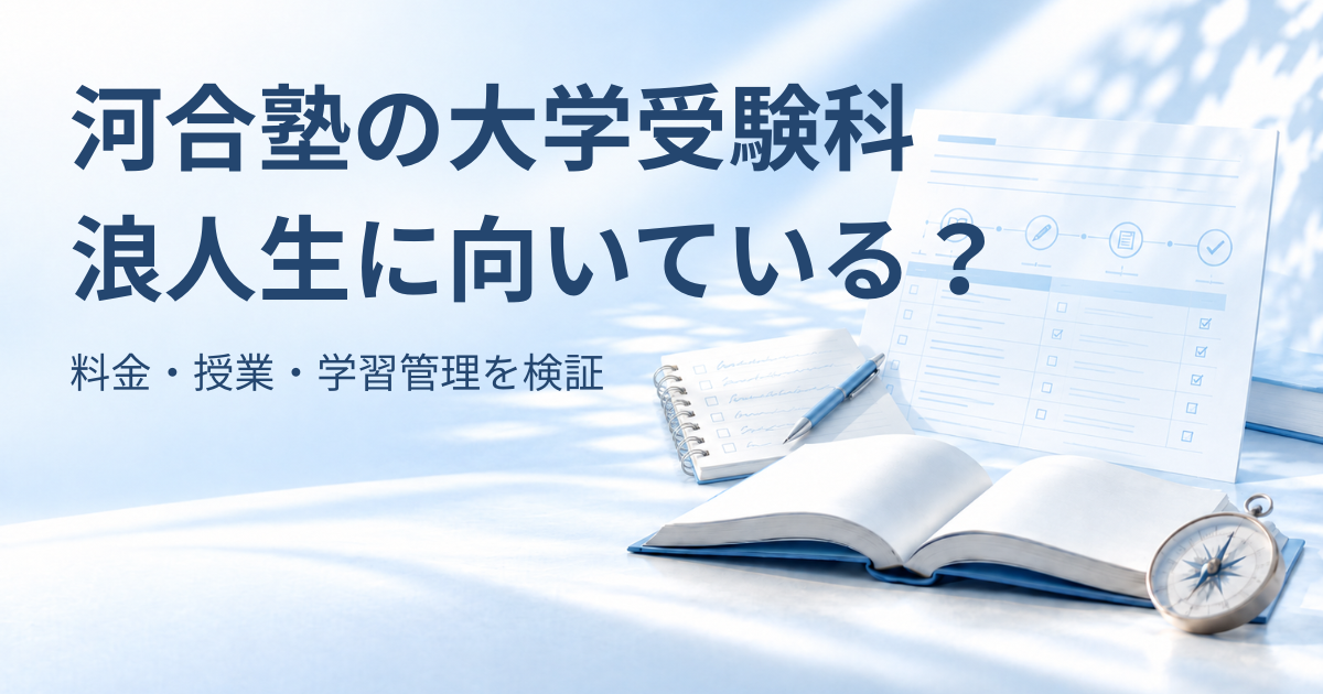淡い青の学習計画シート、授業ノート、開いた青い本と小さな羅針盤を背景に、「河合塾の大学受験科」「浪人生に向いている？」「料金・授業・学習管理を検証」と書かれたアイキャッチ画像