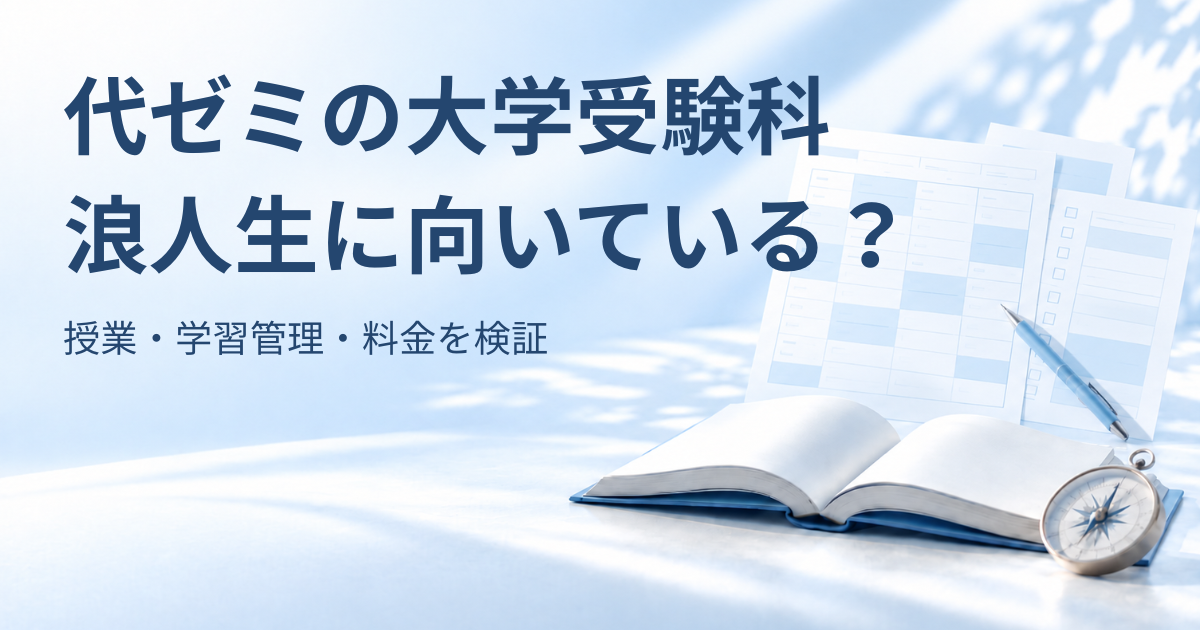 代ゼミの大学受験科は浪人生に向いている？時間割シート、開いた本、羅針盤を描いたアイキャッチ